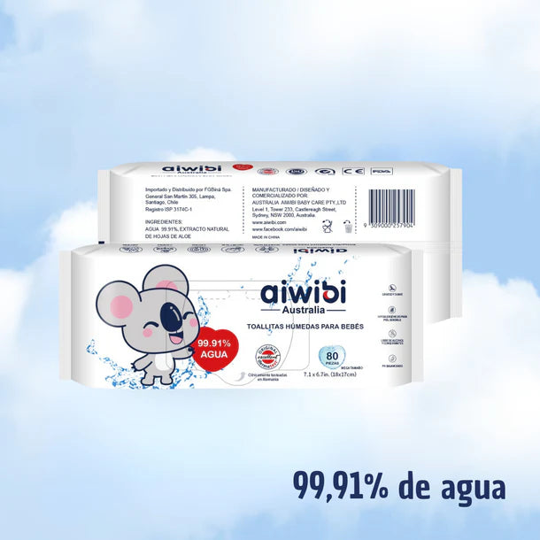 PACK 3 TOALLITAS HÚMEDAS AIWIBI 99,91% AGUA 80 UNIDADES