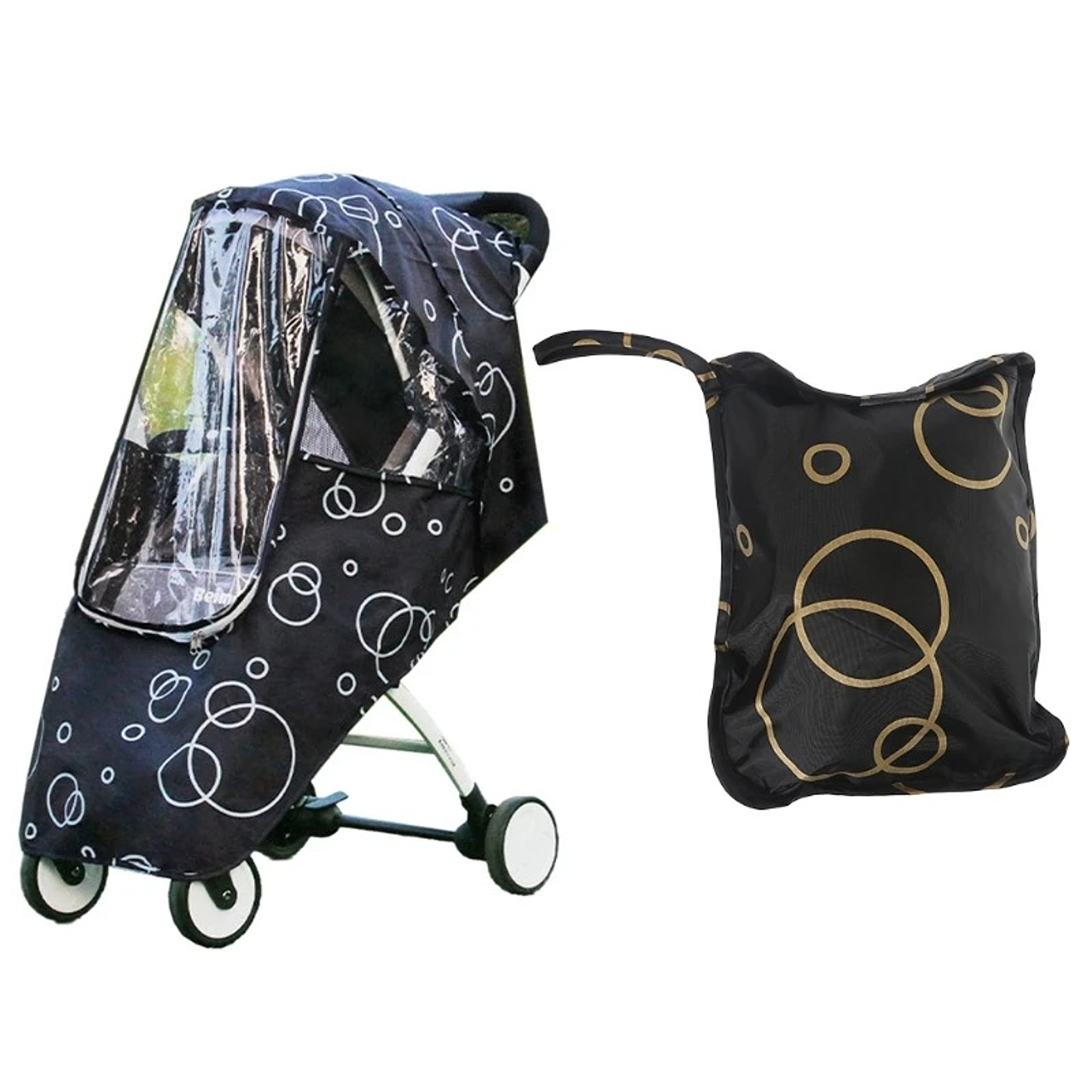 Cubre coche para bebé con ventana, ideal para protección en paseos.
