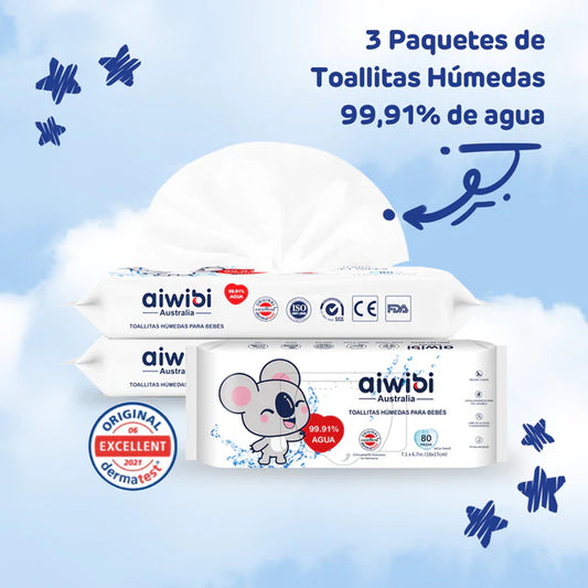 PACK 3 TOALLITAS HÚMEDAS AIWIBI 99,91% AGUA 80 UNIDADES