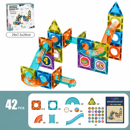 Set de Bloques Magnéticos con Circuito de Canicas – 42 Piezas