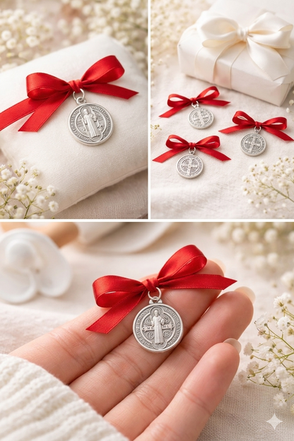 Medalla San Benito Plata 925 para Bebé con Cinta Roja – Protección y Regalo Especial